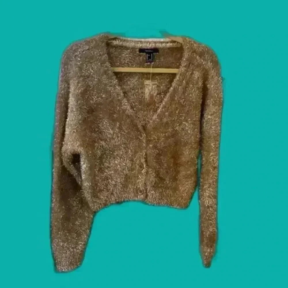 NWOT Forever 21 Metallic Knit‎ Crop Cardigan Women's Size Medium Tan Sparkle - Picture 3 of 9